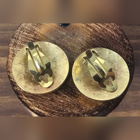 Vintage Black Gold Pink Flower Enamel Cloisonne Clip-On Round Stud Earrings - Picture 5 of 9